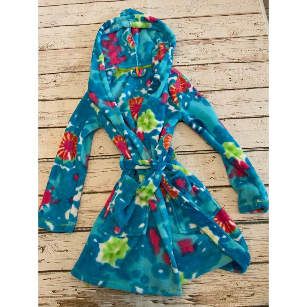 Jenni by Jennifer Moore Blue Tie Dye Plush Fleece Hooded Robe XS Loungewear